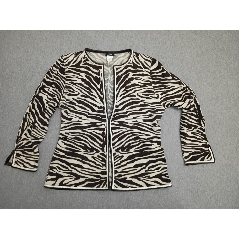 J.Crew Womens Brown Zebra Print 100% Wool Cardigan Sweater 71994 Large Classic